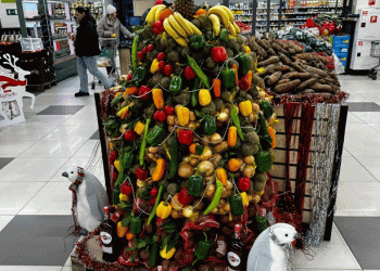 Strange Christmas Trees Made of Vegetables and Fruits: A Unique Holiday Display in Vladivostok Shopping Centers